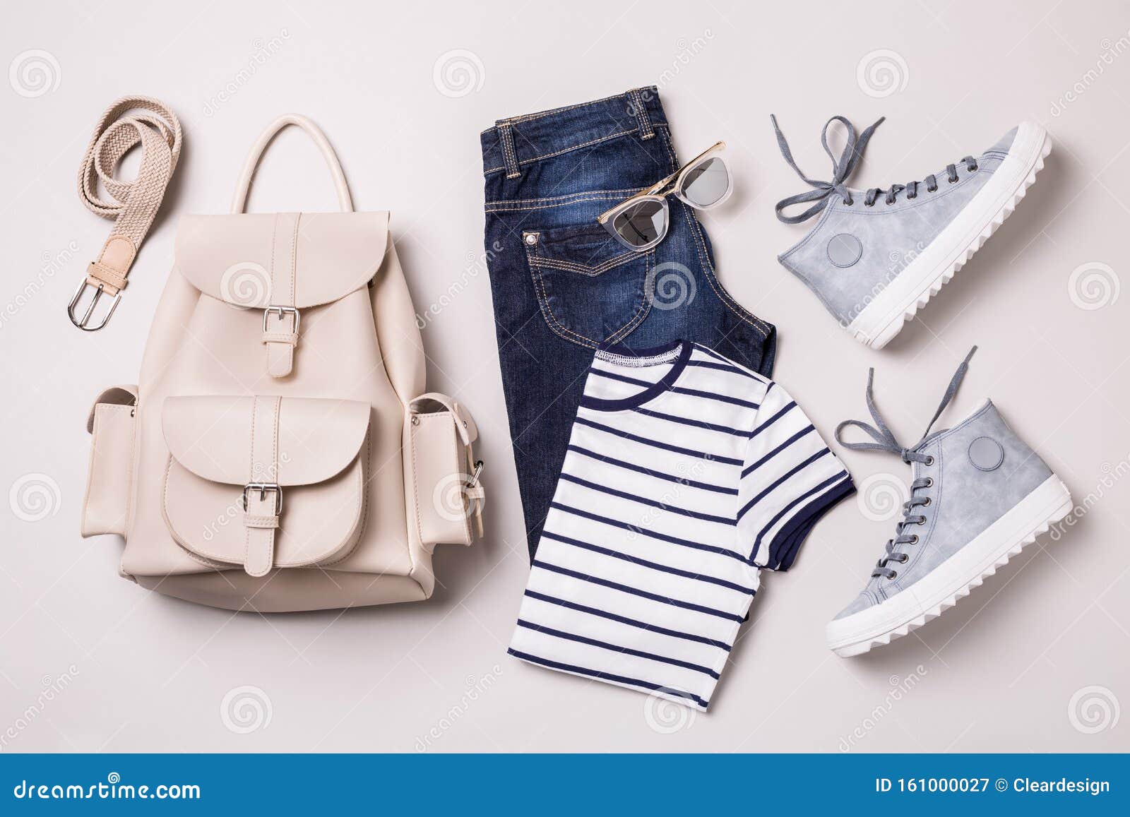 White Backpack, Jeans, Striped T Shirt ...