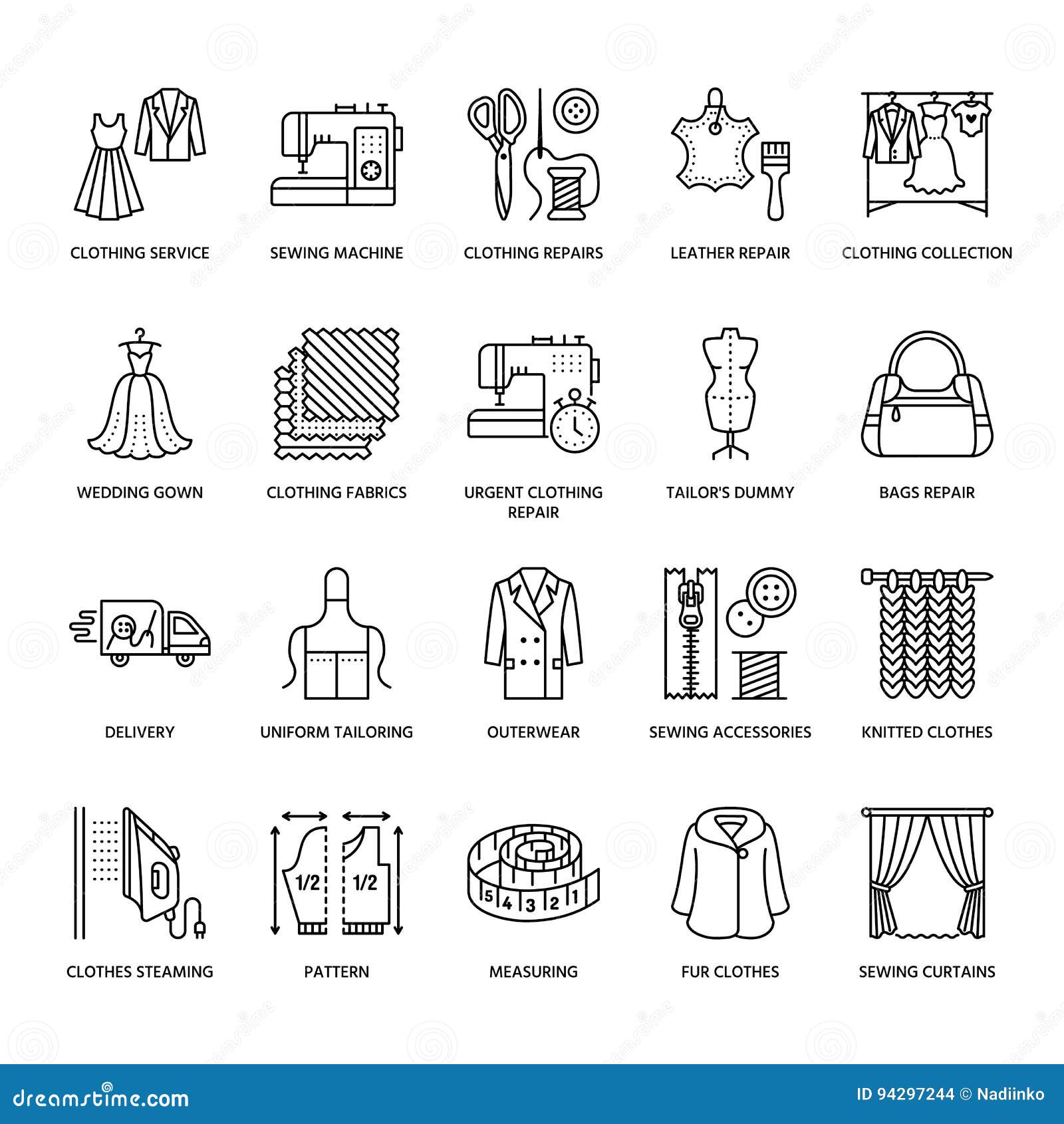 clothing repair, alterations flat line icons set. tailor store services - dressmaking, clothes steaming, curtains sewing