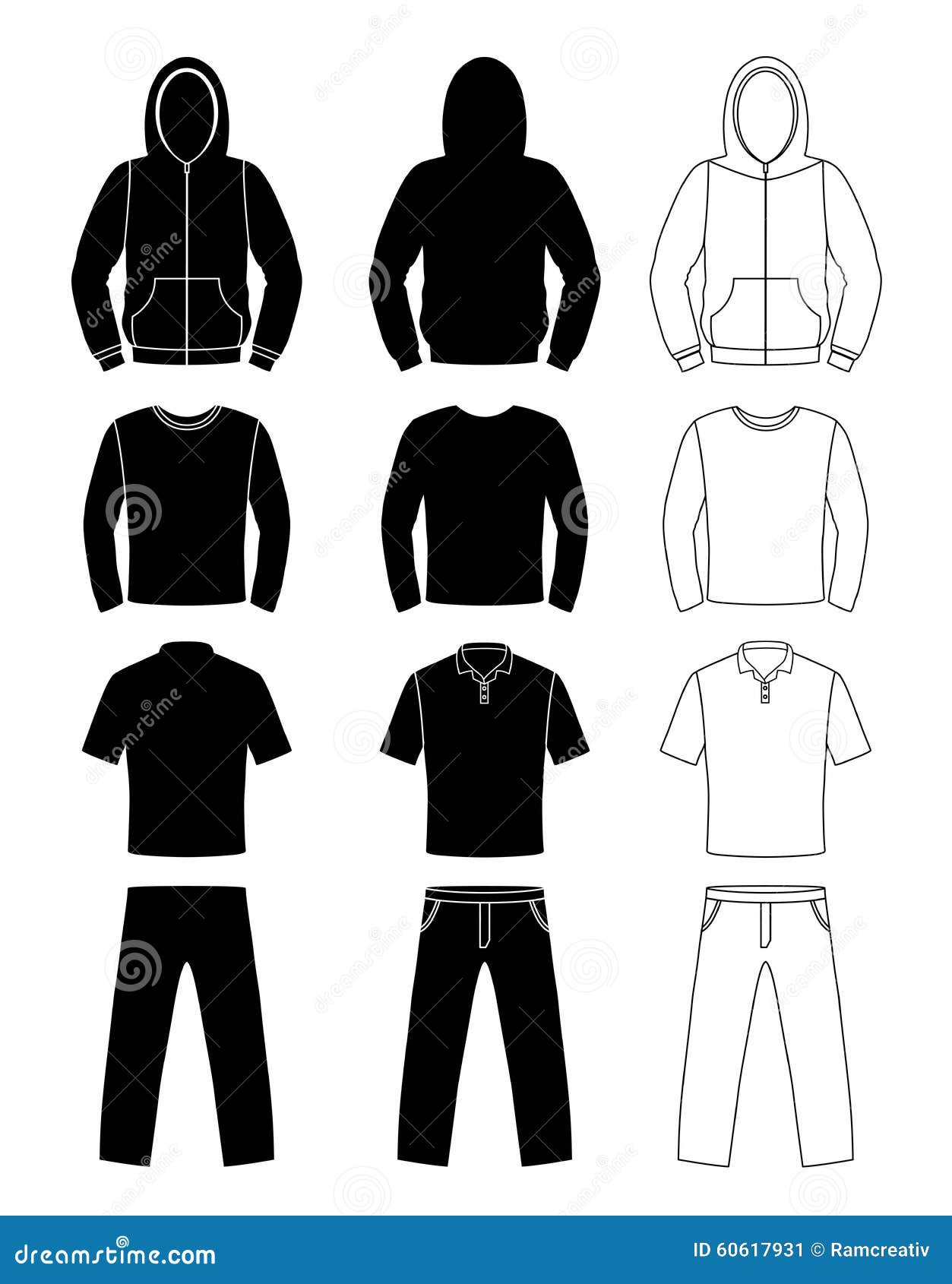 Clothing Silhouettes, Hoodie, T-shirt And Long Sleeve, Pants Stock