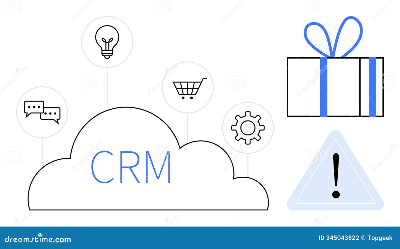 cloud-based crm integration with shopping cart, light bulb, cog, chat, gift box, and warning sign