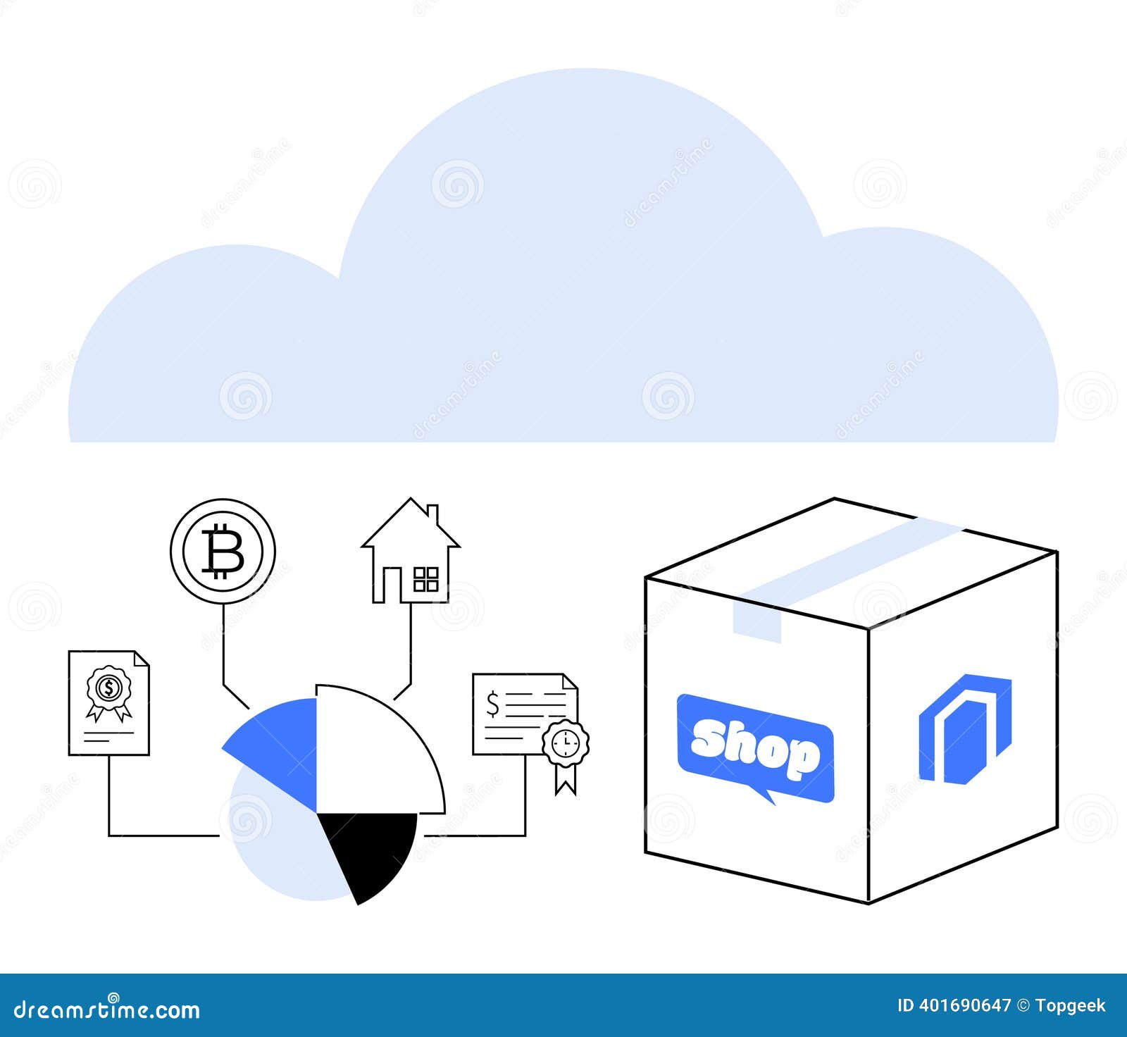 Cloud-based E-commerce and Financial Network with Cryptocurrency, Pie  Chart, and Delivery Package Stock Vector - Illustration of flat, bstyle:  401690647
