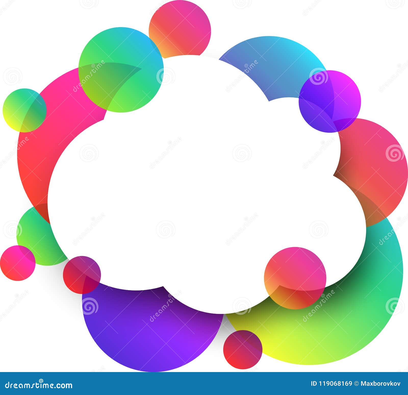 White Cloud Background with Colour Bubbles. Stock Vector Illustration
