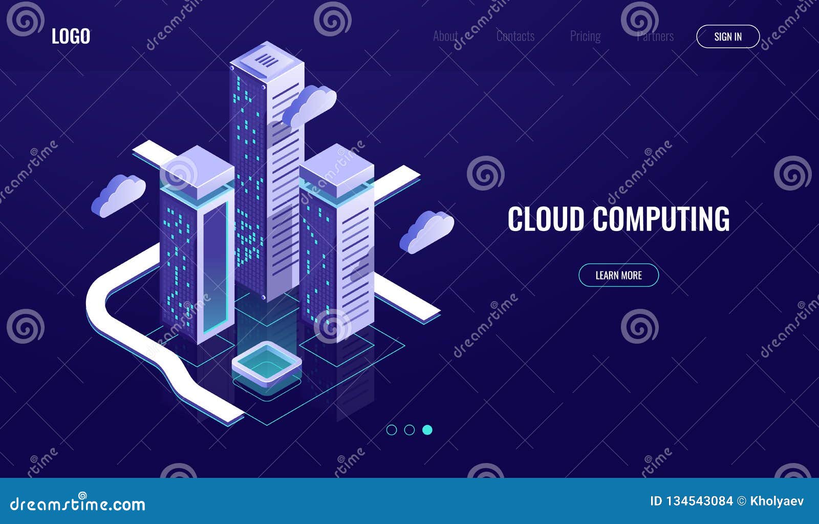 cloud computing, cloud data storage isometric concept, modern digital urban city, data road, industry 4.0 dark neon