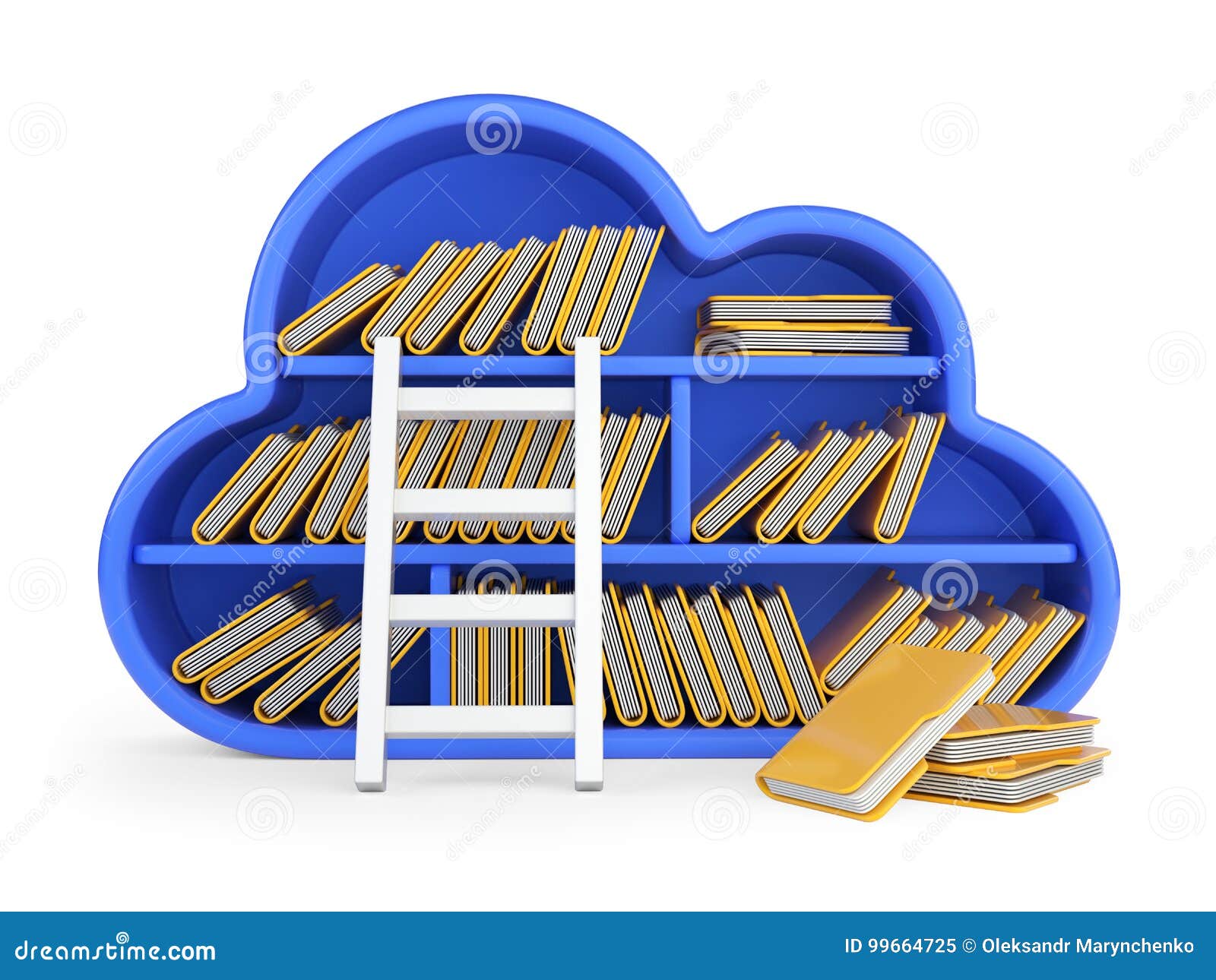 cloud computing and store concept with blued shelf, stair and folders. front view image.