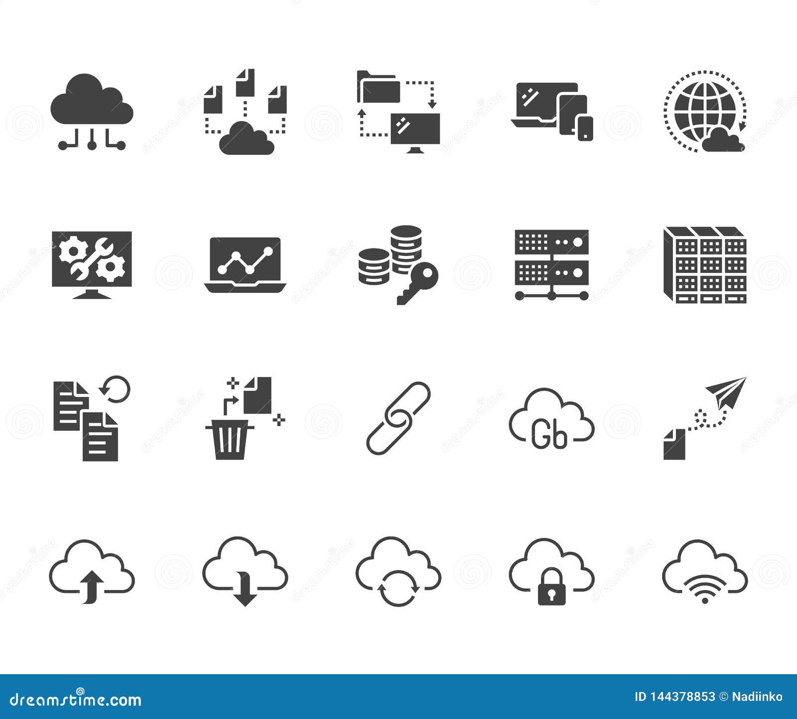 cloud data storage flat glyph icons set. database, information storage, server center, global network, backup, download