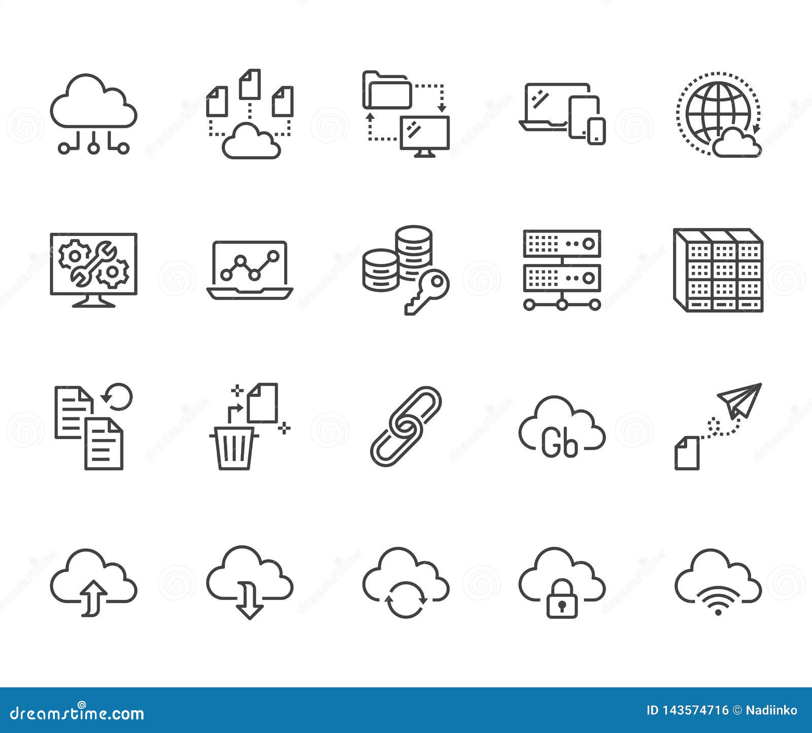 cloud data storage line icons set. database, information storage, server center, global network, backup, download 