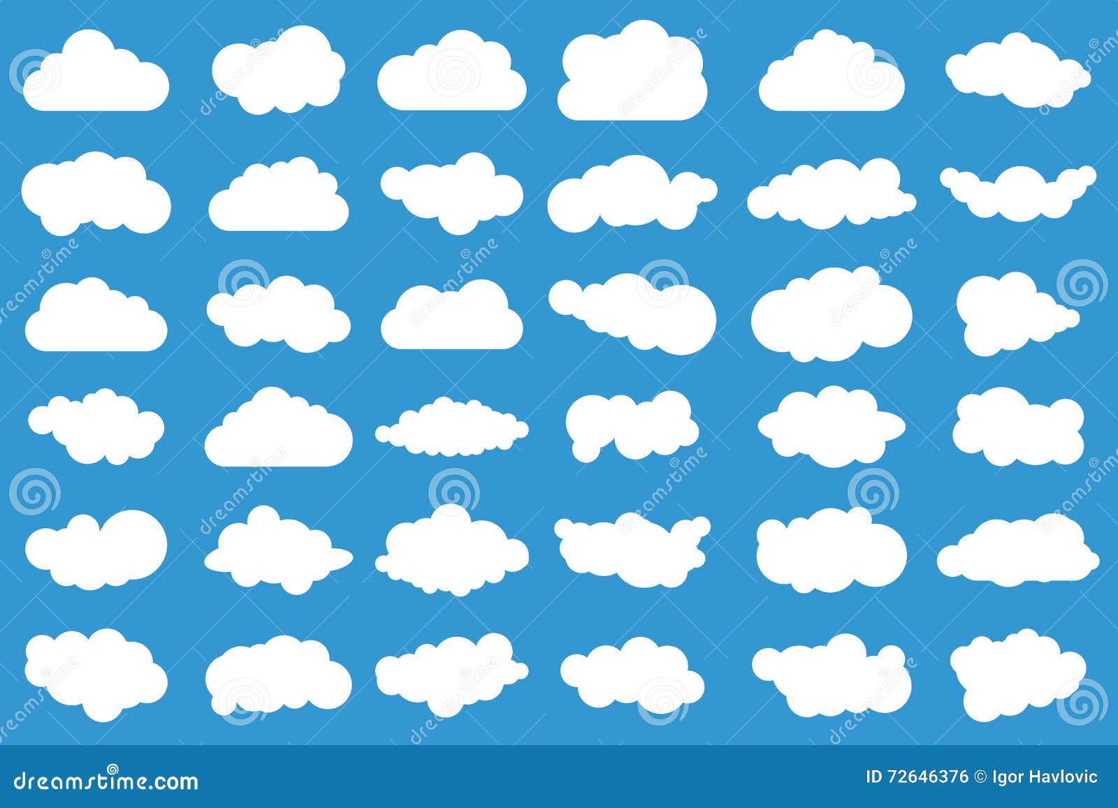 cloud icons on blue background. 36 different clouds. cloudscape. clouds.