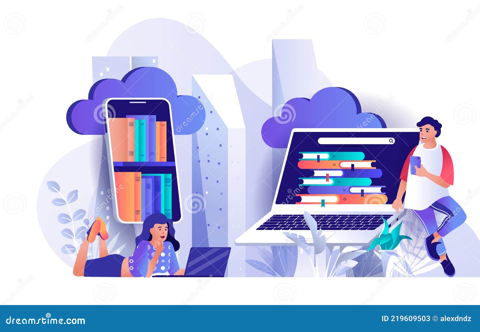 cloud-library-concept-in-flat-design-online-library-and-e-books-stock