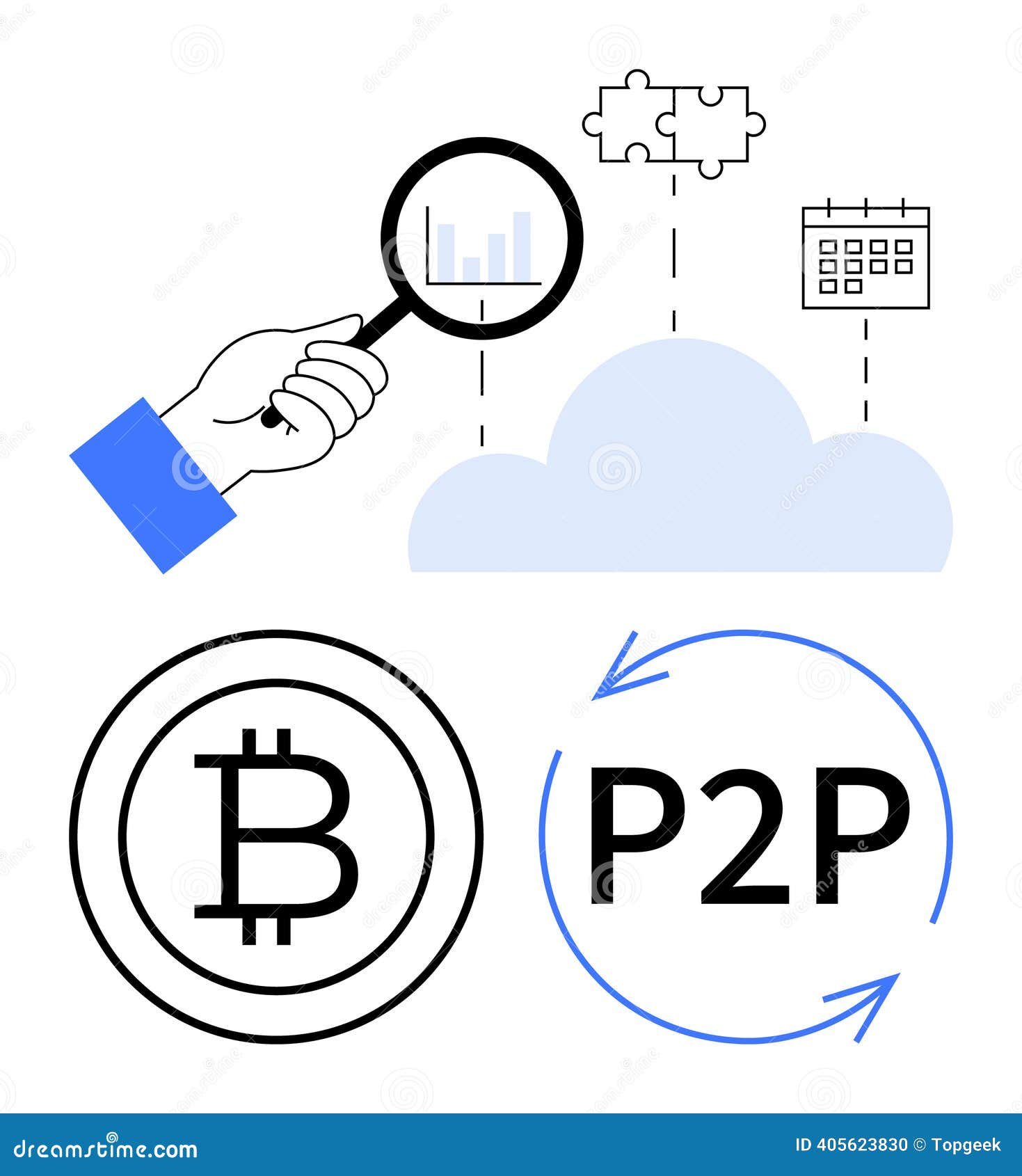 Cloud Storage, Cryptocurrency, and Peer-to-peer Technology with Analytical  Magnifying Glass Concept Stock Vector - Illustration of organization,  solutions: 405623830