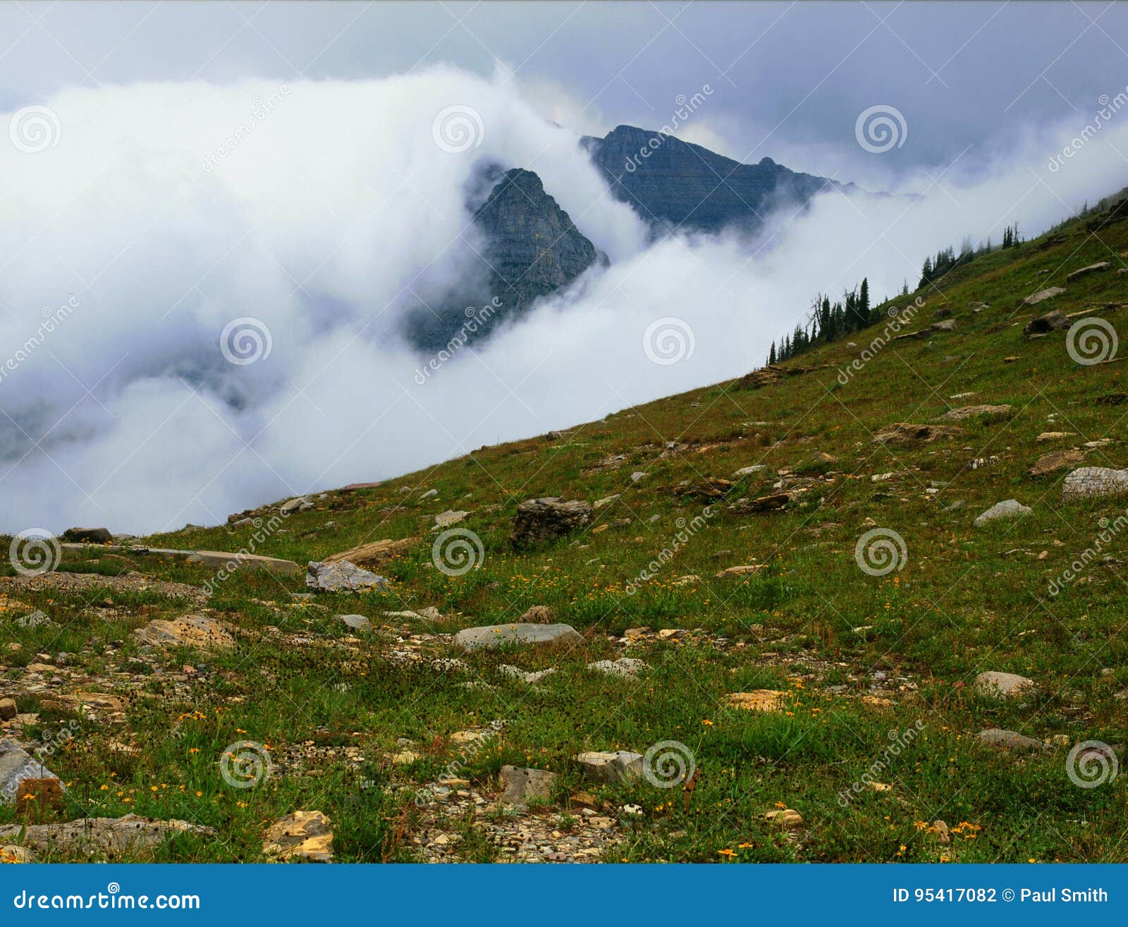 clouds blanketing the lewis range from haystack butte, highline trail, glacier national park, montana