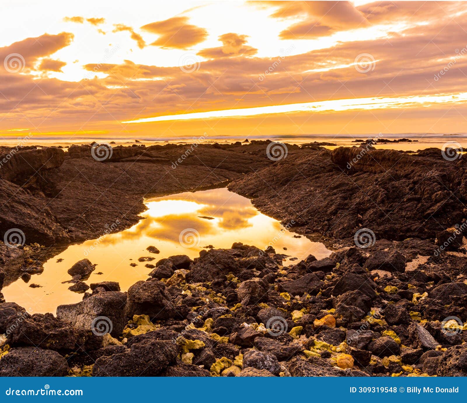 clouds reflection in tide pools on the volcanic shoreline of giada's beach