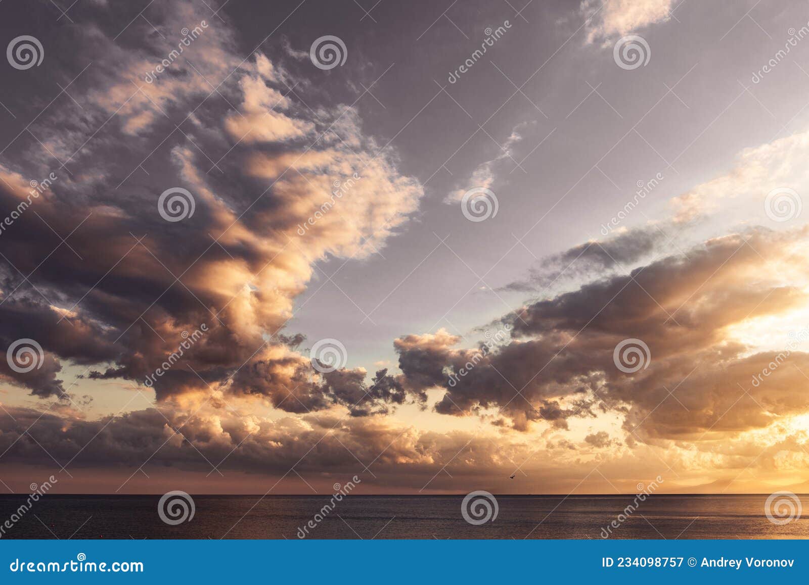 Pink and Gold Clouds in the Sky Over the Sea during Sunset Stock Image