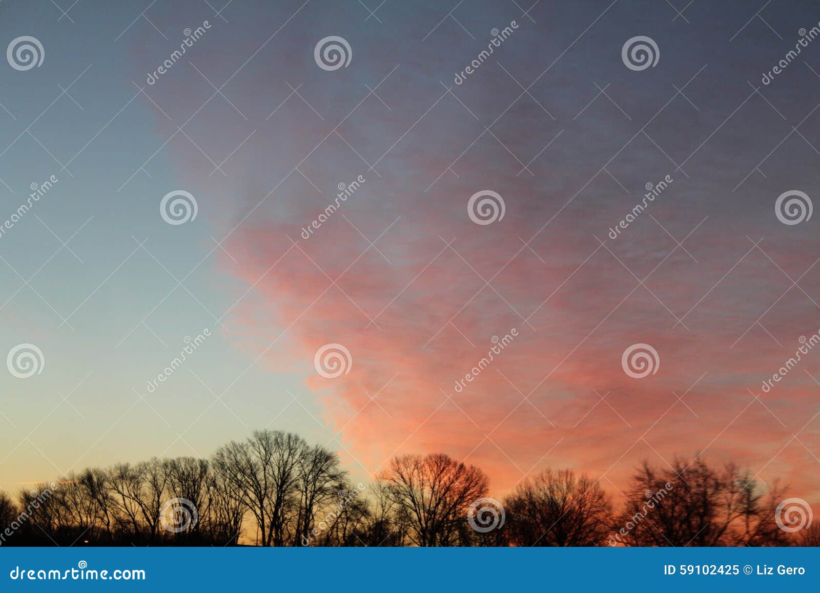 Cloudscape. Rosa orange Wolken über Bäumen bei Sonnenuntergang