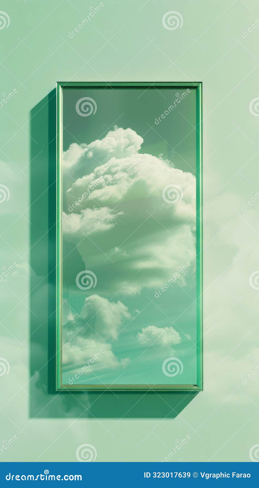 cloudscape reflection in green-tinted window frame, minimalistic art composition