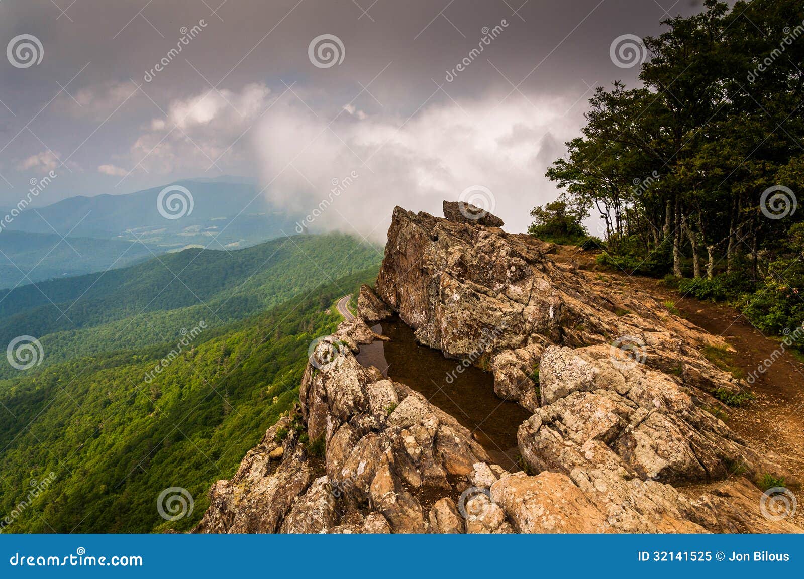 cloudy spring view from little stony man cliffs in shenandoah national park