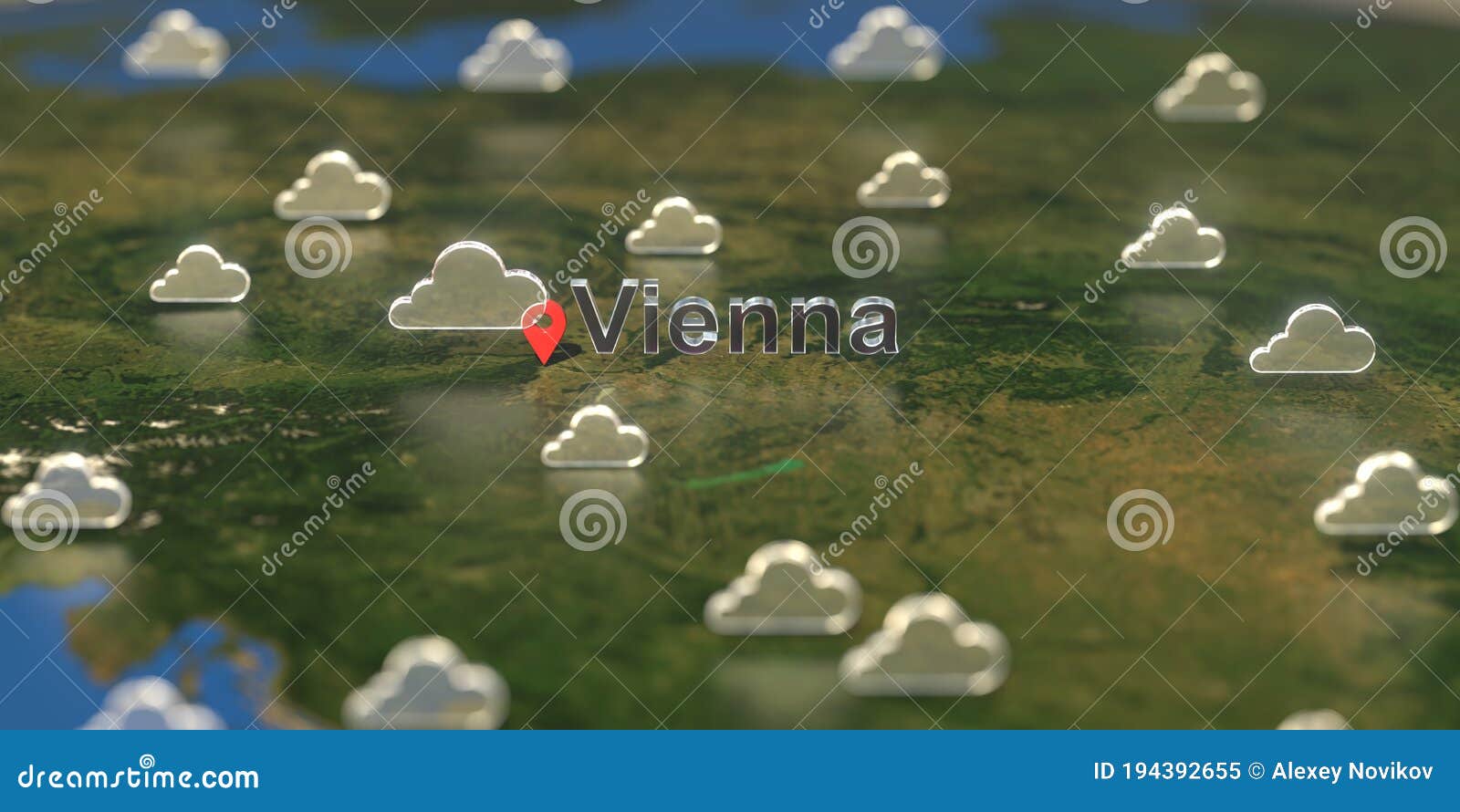 Cloudy Weather Icons Near Vienna City on the Map, Weather Forecast