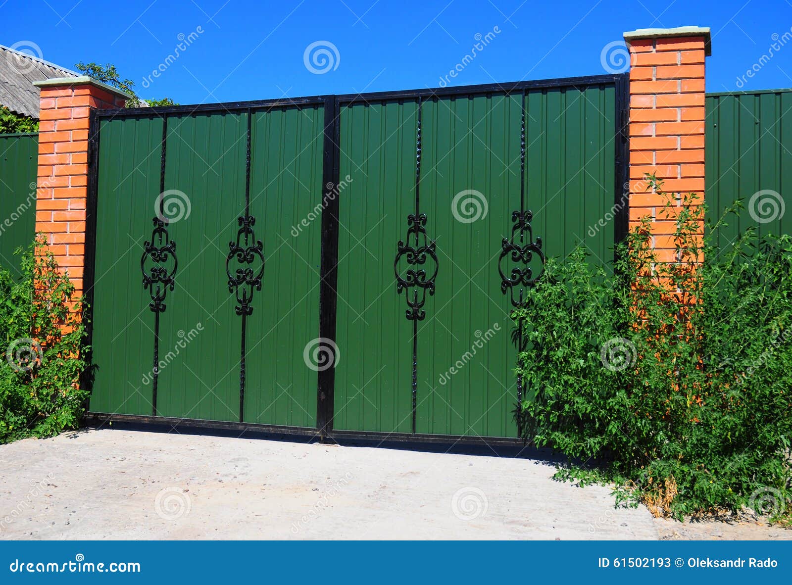 clouse up green metal profil gate with decorative gate and door in old stiletto style