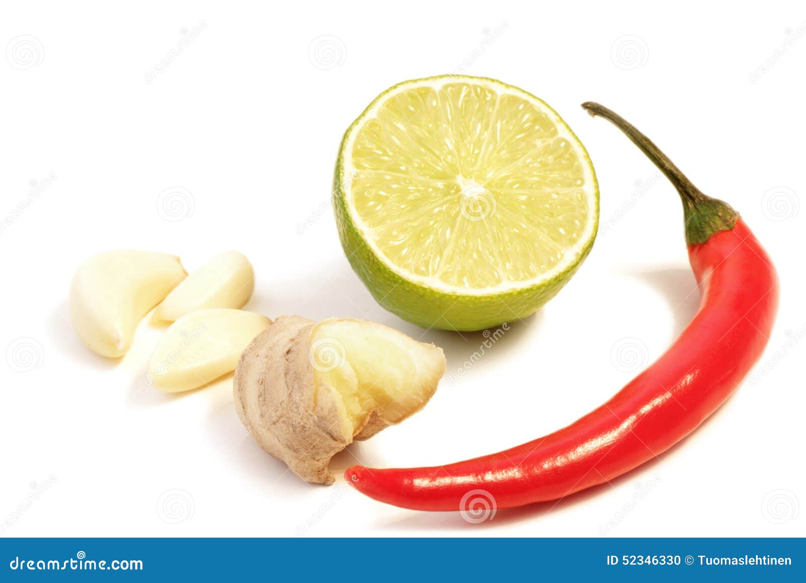 Cloves Of Garlic, Ginger Root, Lime And Red Chili Stock Photo Image