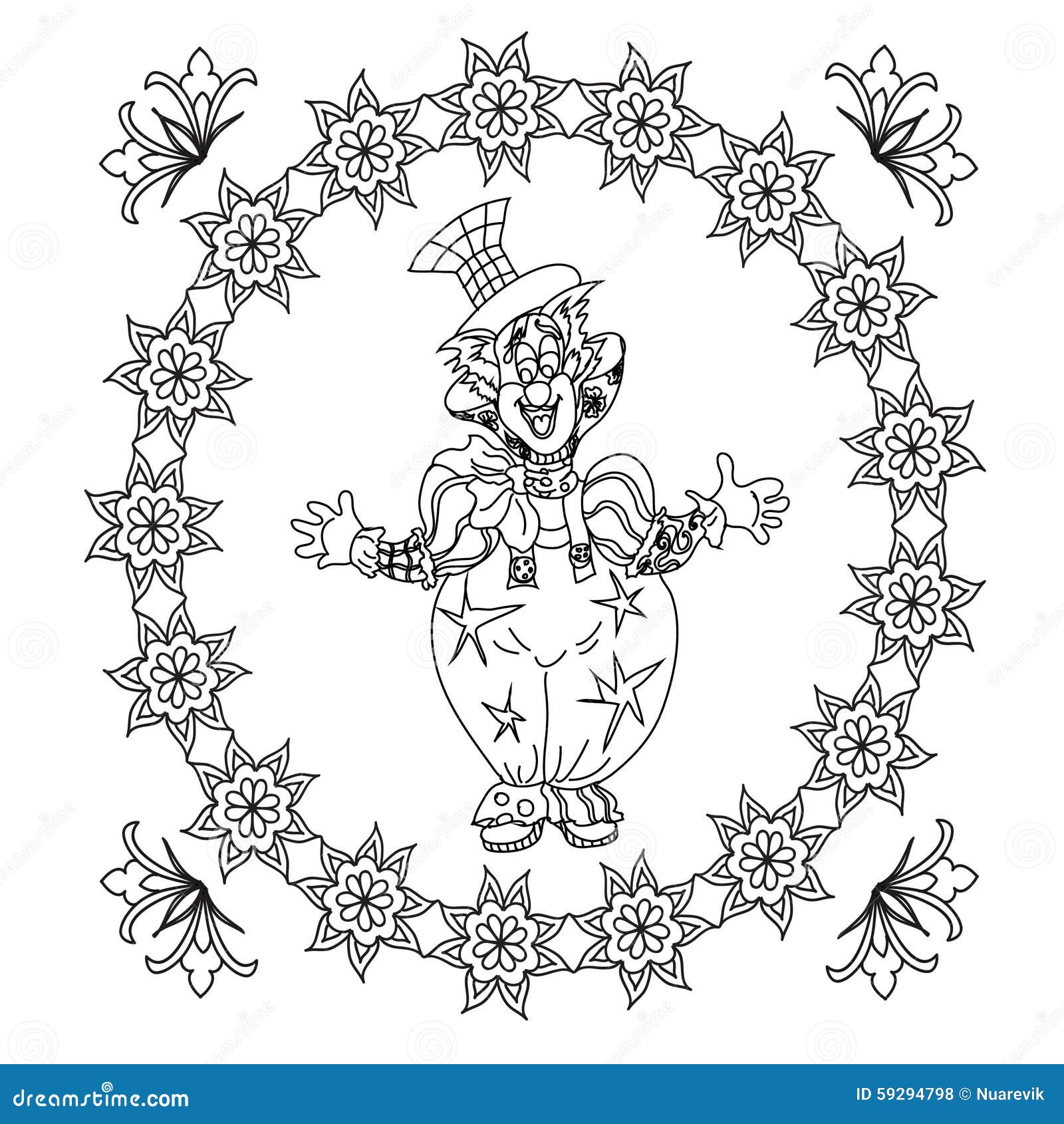 Clown Coloring Page With Floral Frame Stock Illustration - Illustration