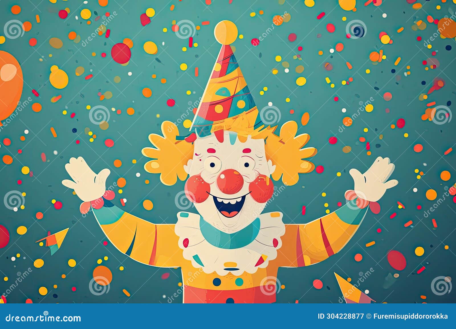 clown and confetti with birthday party hat, in the style of whimsical naive art 1 april fool`s day concept