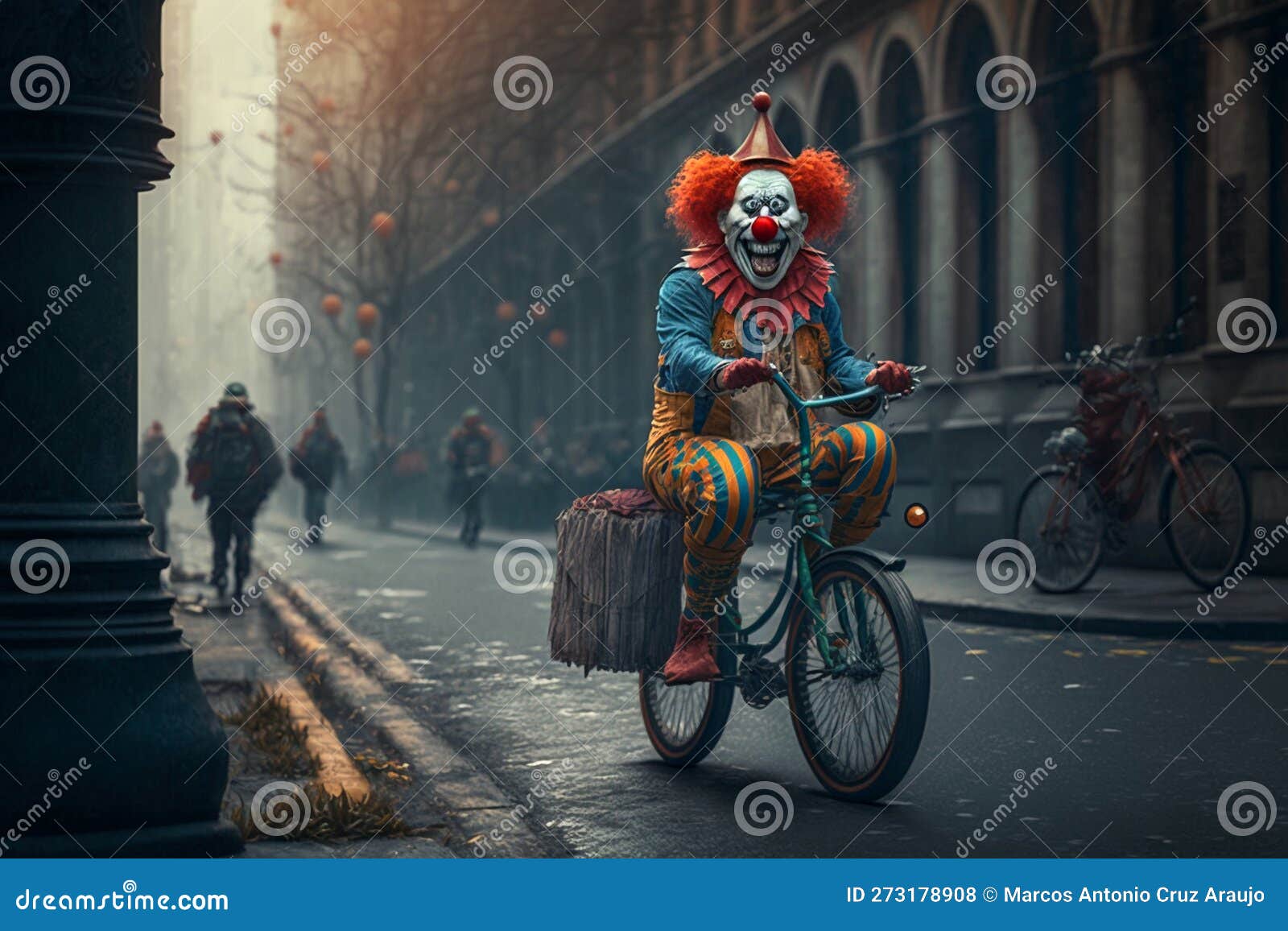A Clown with a Crazy Face Riding a Bicycle, AI Generated Stock