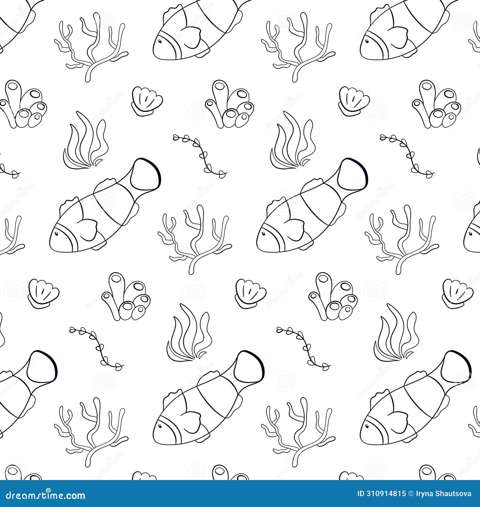 clown fish seamless pattern in line art style. undersea life  with coral, fish, seashell and seaweed. 