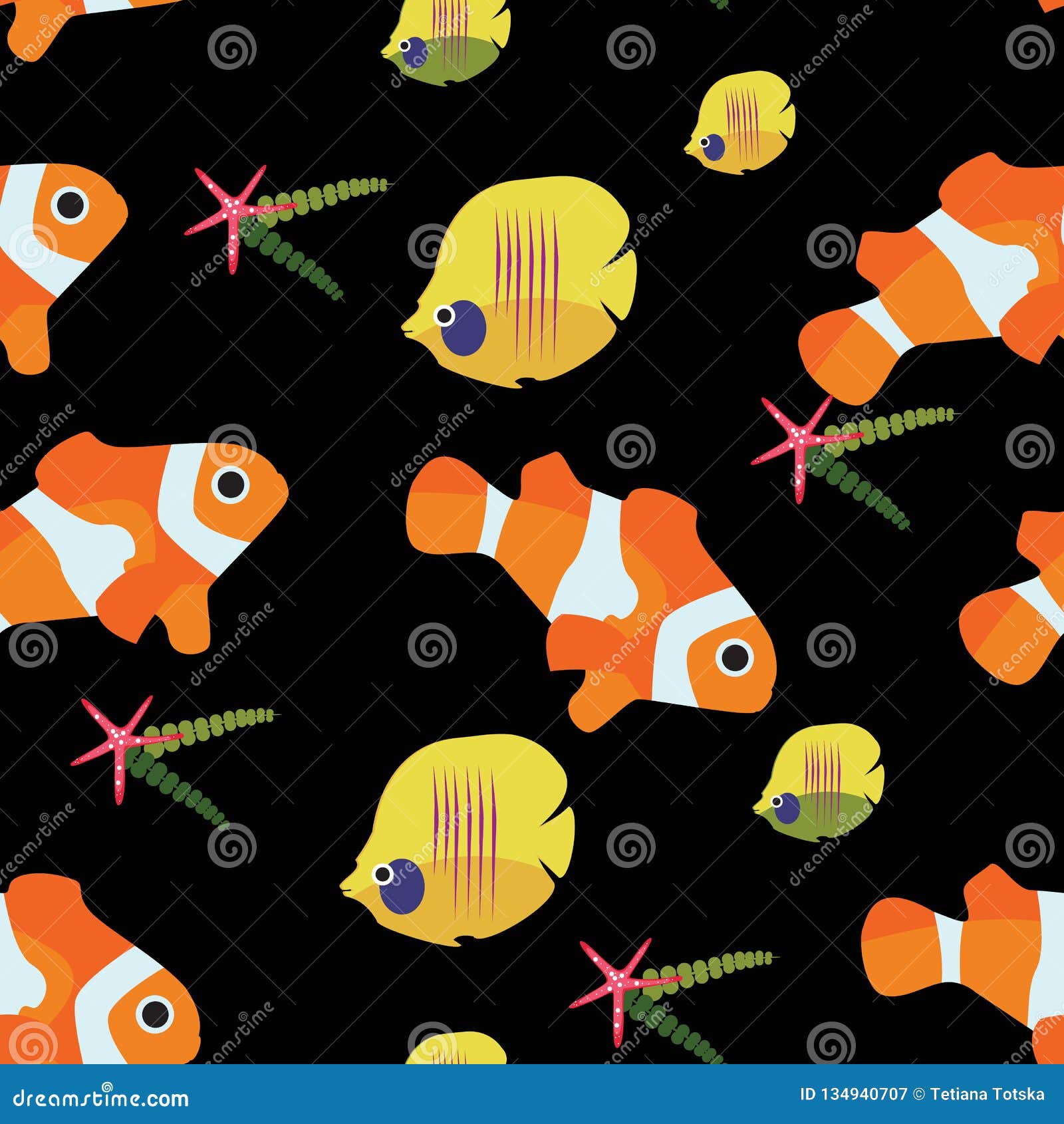 Clown Fish and Starfish Chaetodon Seamless Pattern Stock Vector