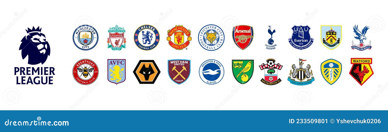 Clubes De Fútbol De Inglaterra. Inglesa De Primera Categoría 20212022. Leicester City Liverpool Chelsea Manchester Unchester Foto - Ilustración de insignia, icono: 233509801