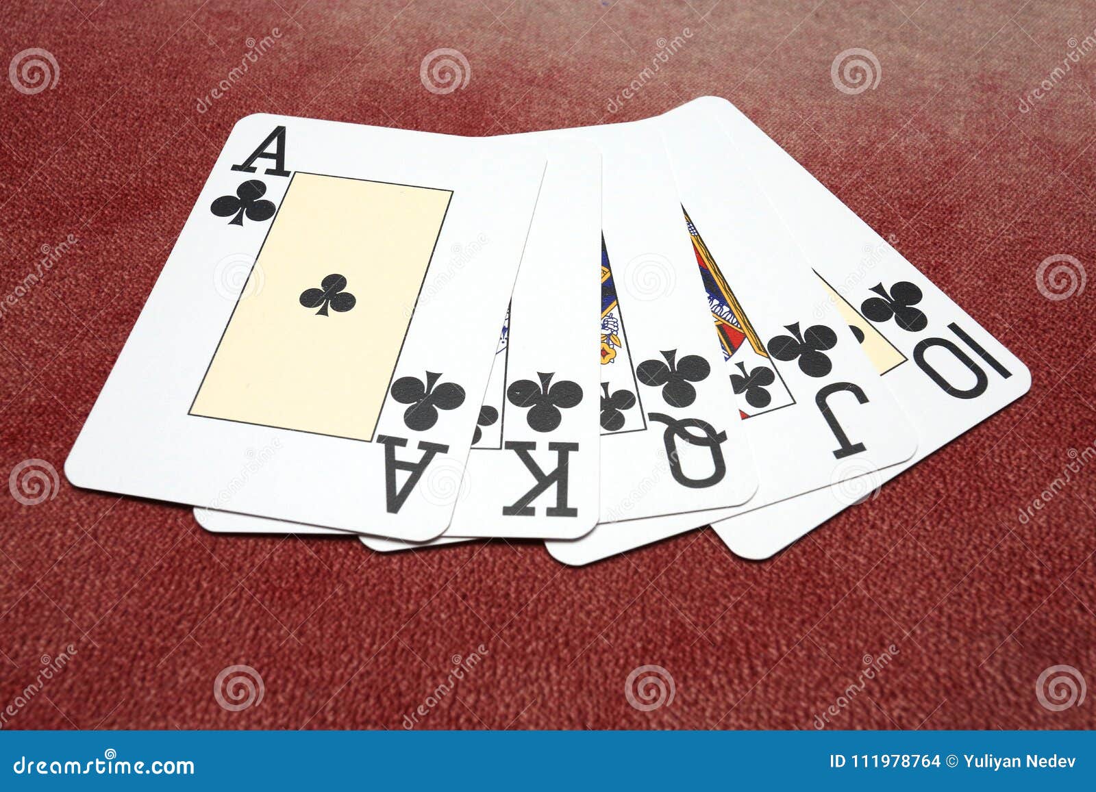 Clubs Royal Flush Over Red Background Stock Photo - Image of draw ...