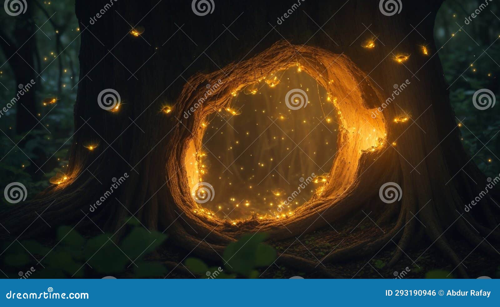 a cluster of fireflies creating a soft glow in a hollow tree.