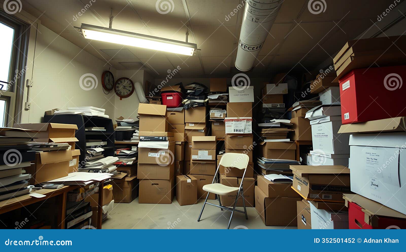 a cluttered backroom with stacked boxes a folding chair and a buzzing fluorescent light