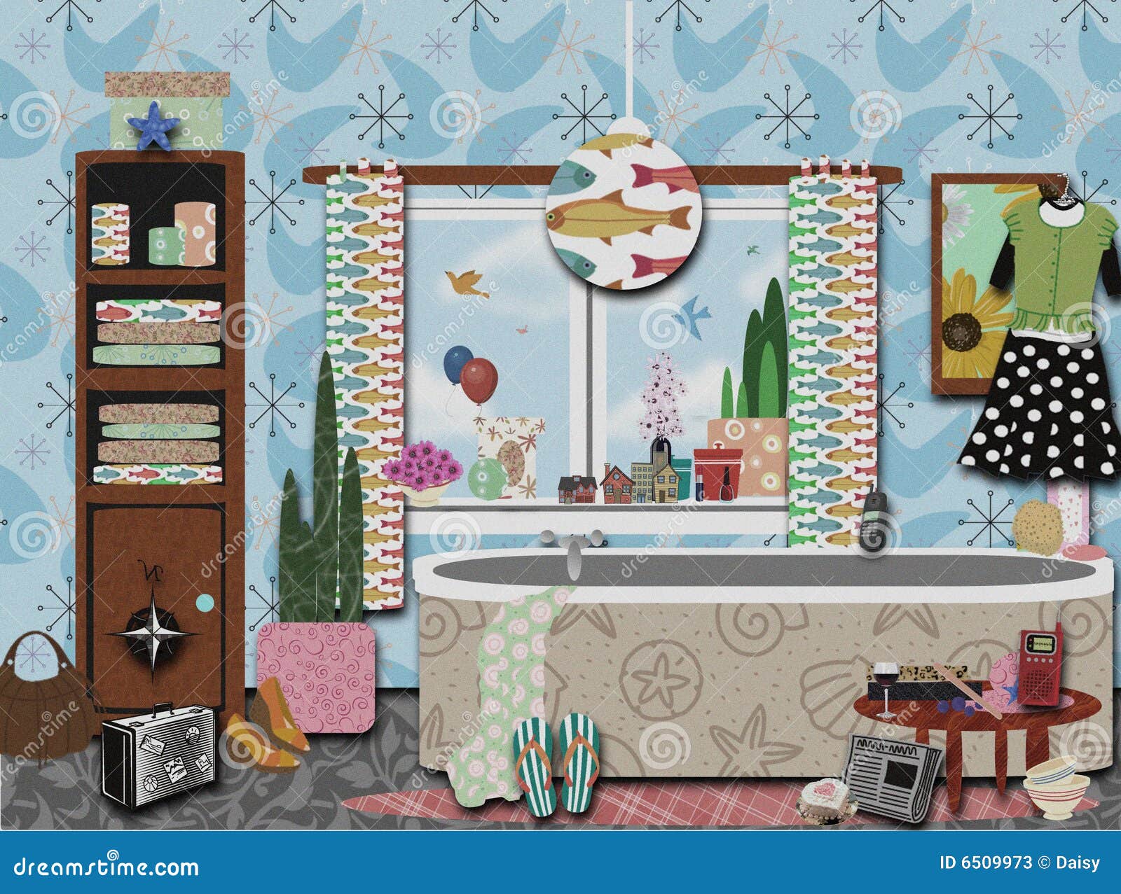 Retro Bathroom Interior. Soap Bubbles. Bathtub With Foam Bubbles Inside. Bath Time Vintage Style ...