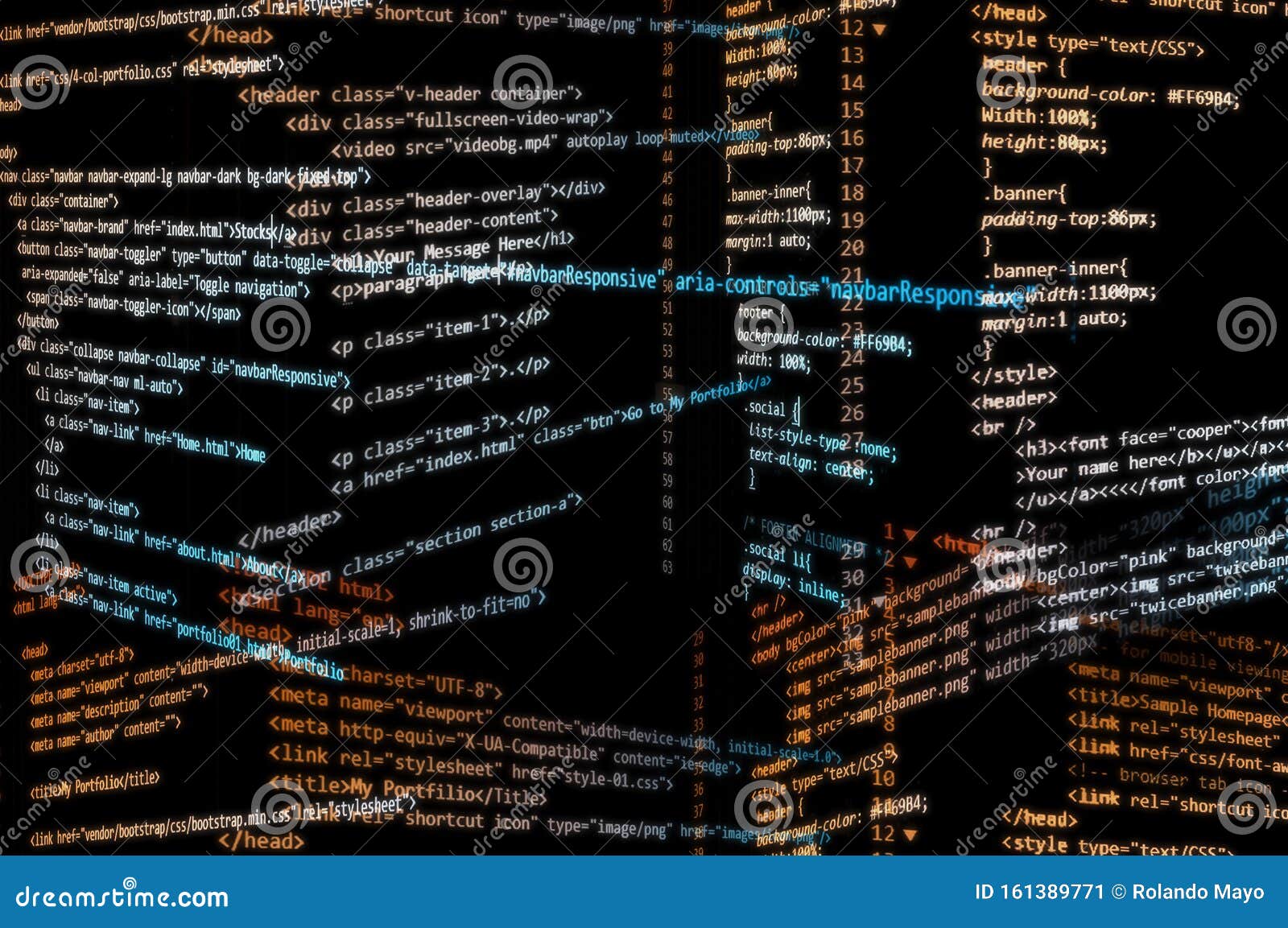 Random HTML Codes in Yellow and Blue Gradient Overlay with Black Background.  Stock Illustration - Illustration of cyber, abstract: 161389771