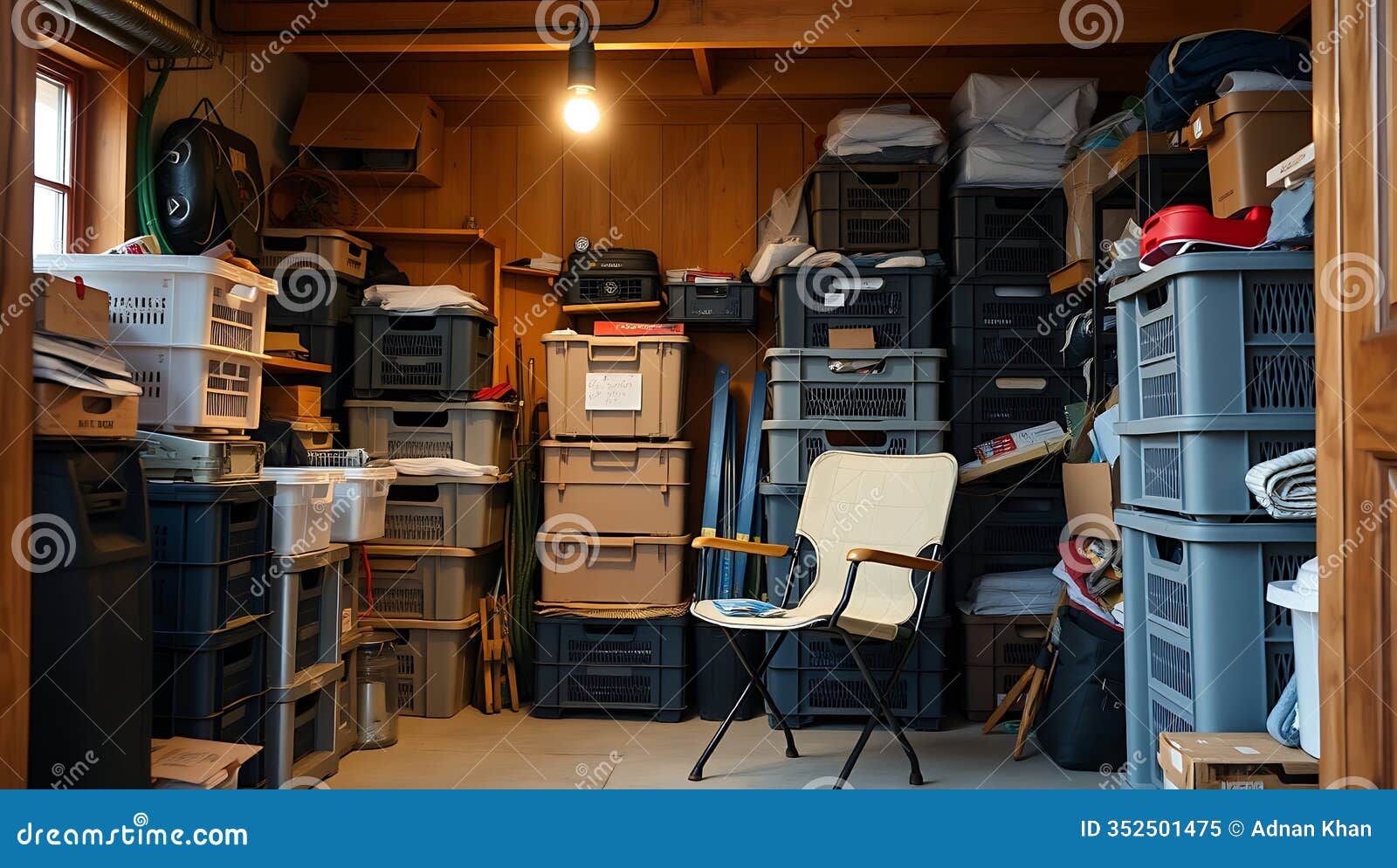 a cluttered storage backroom with stacked crates a folding chair and a buzzing light
