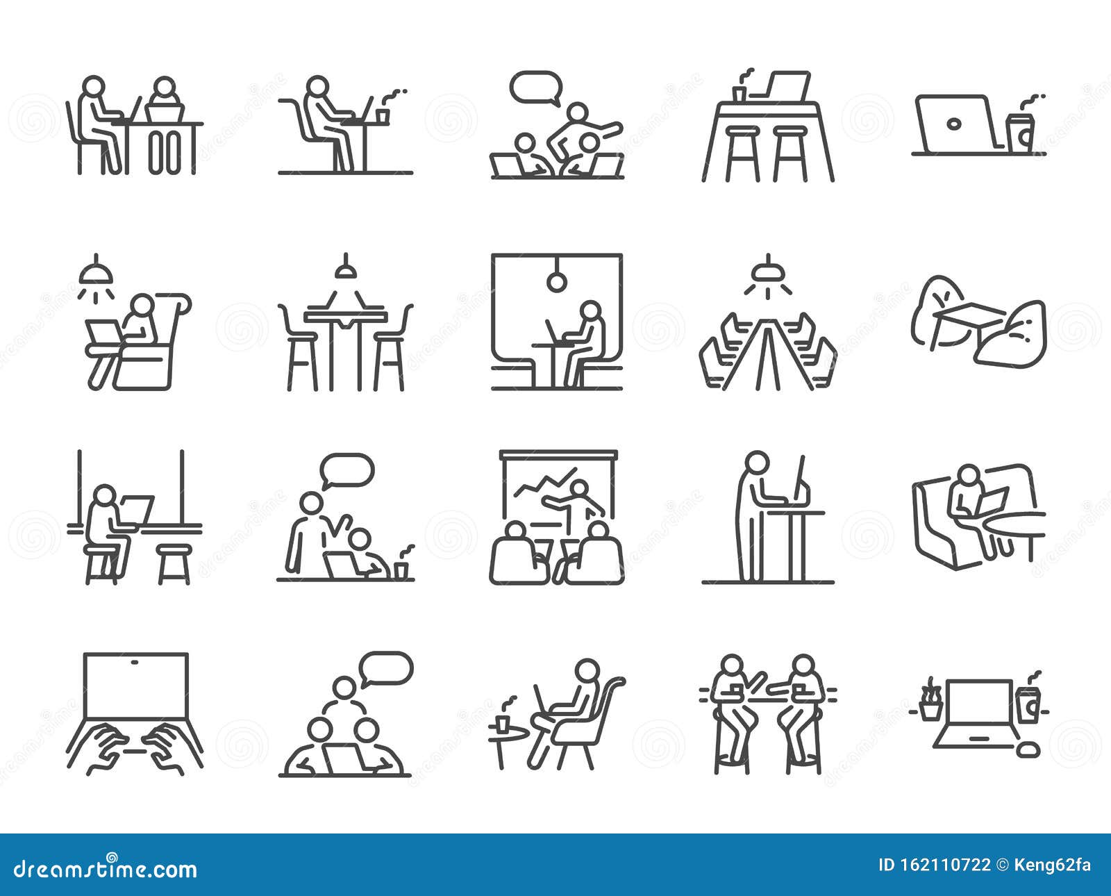 co-working space line icon set. included icons as coworkers, coworking, sharing office, business, company, work and more.