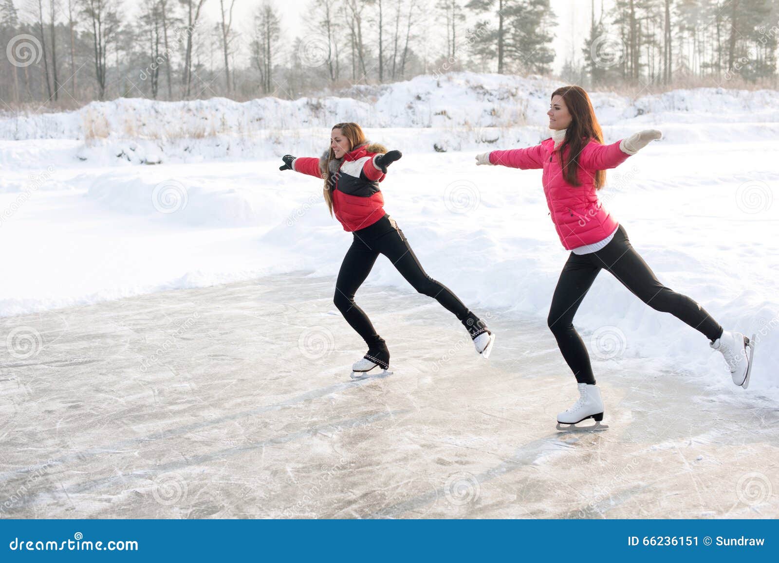 Coach of Figure Skating with Apprentice Practise at the Frozen Lake