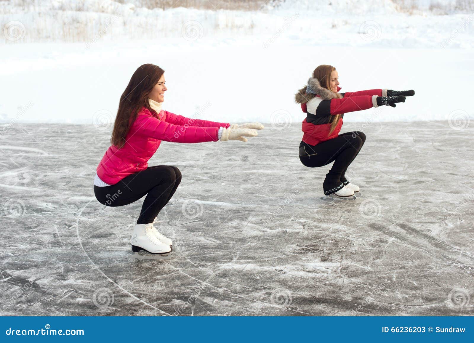 Coach of Figure Skating with Apprentice Practise at the Frozen Lake