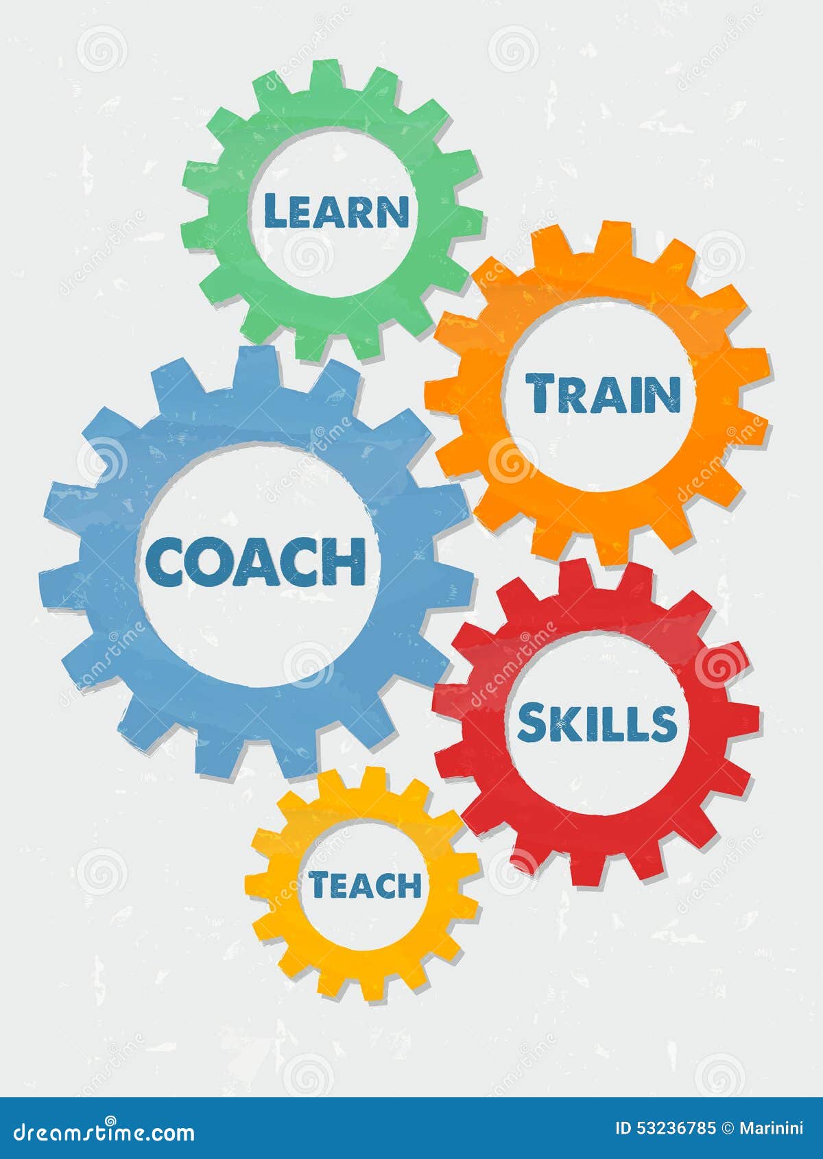 Coach, Learn, Train, Skills, Teach in Grunge Flat Design Gears Stock