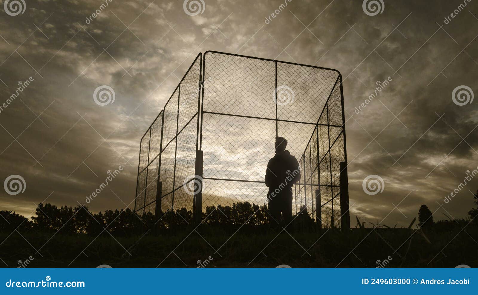 Coach Posing Next To Baseball or Cricket Batting Cage Stock Photo