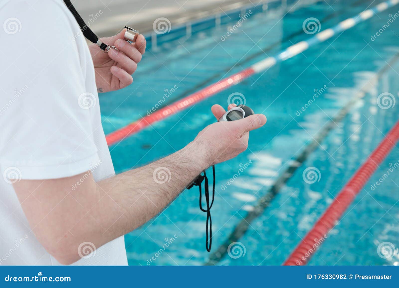 Coach Using Stopwatch at Swimming Training Stock Photo Image of