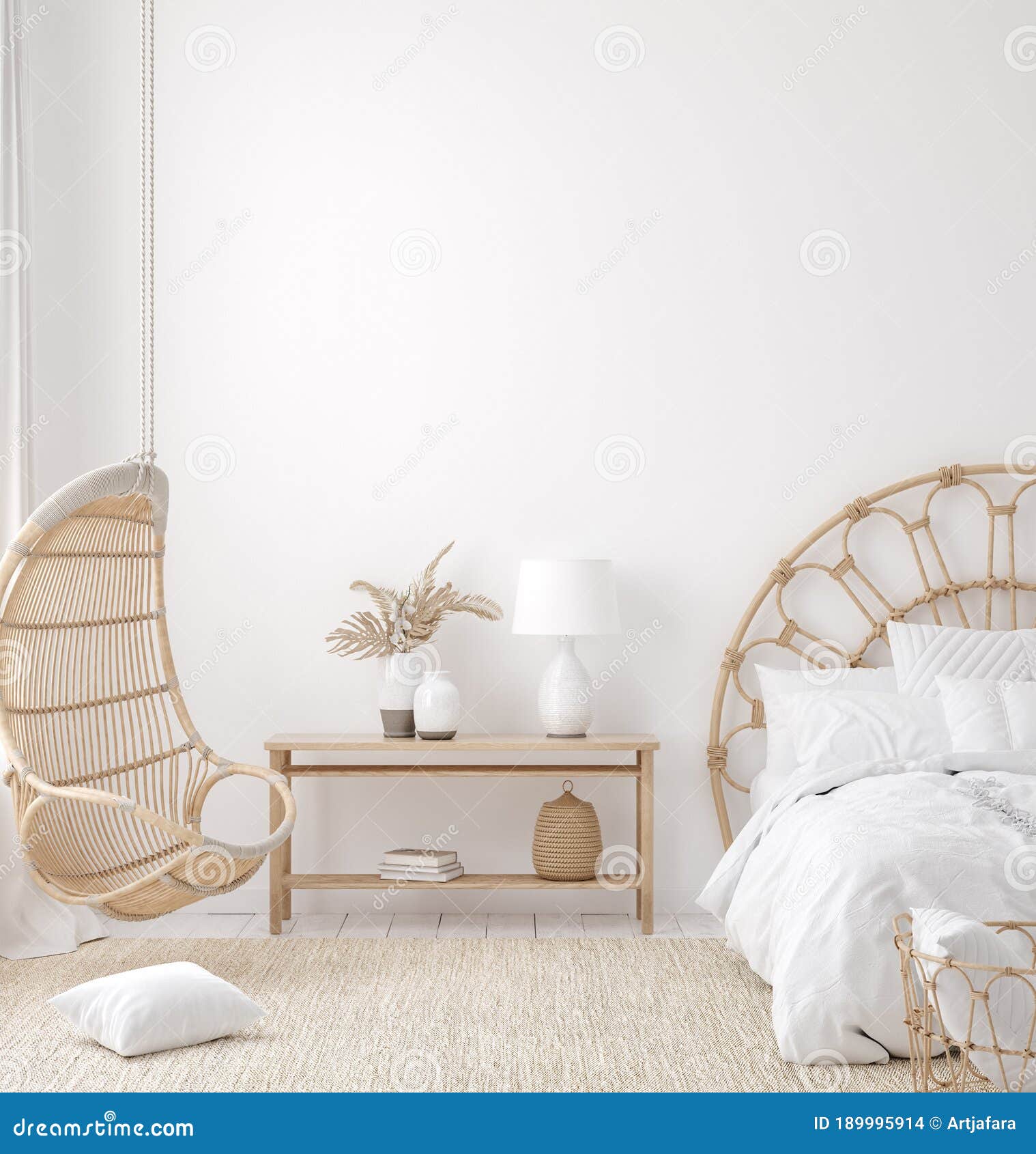 coastal boho style bedroom interior, wall mockup