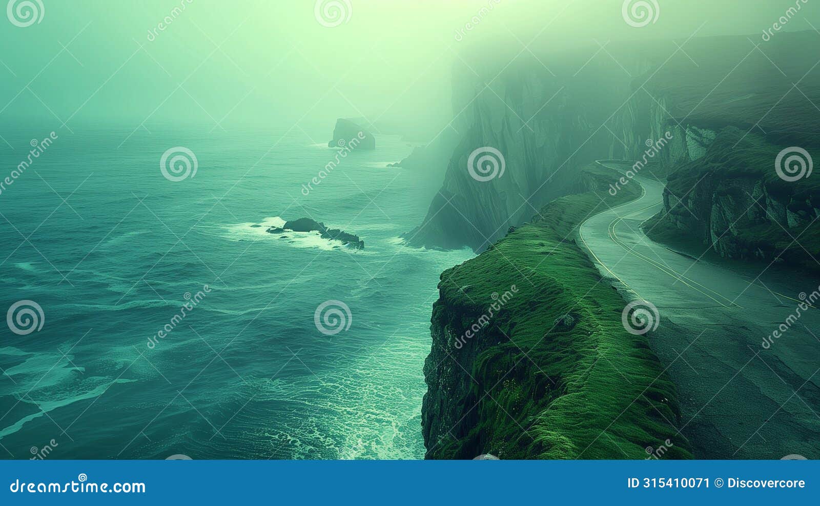 coastal cliffside road in fog: mystical ocean drive with lush greenery