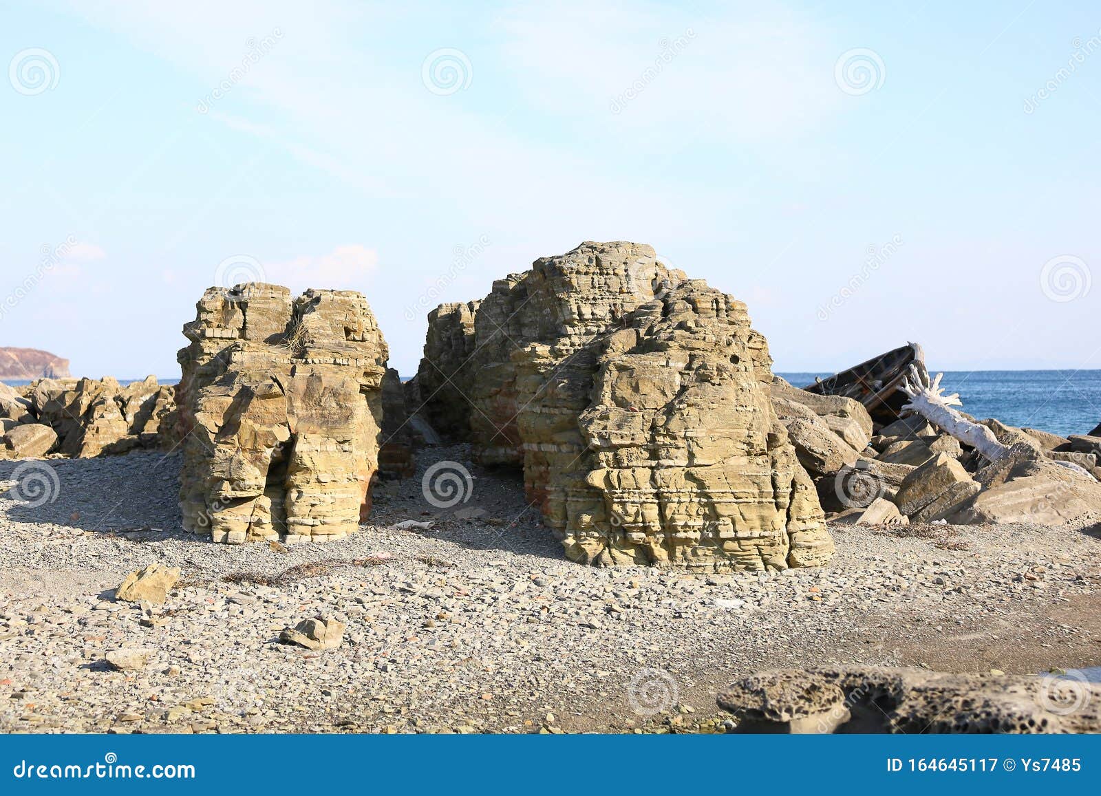 Coastal Rocks of the Sea of Japan on the Background of Sea Horizon