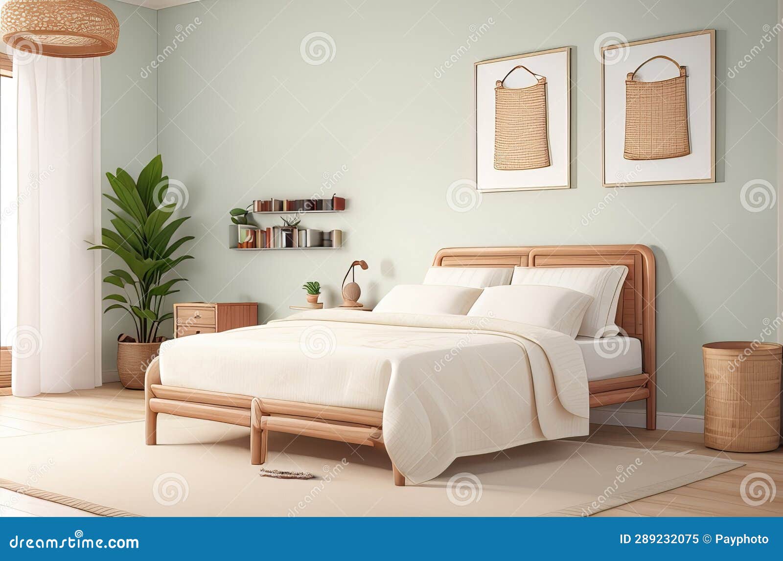 coastal style bedroom: rattan furniture and empty frames home mockup.