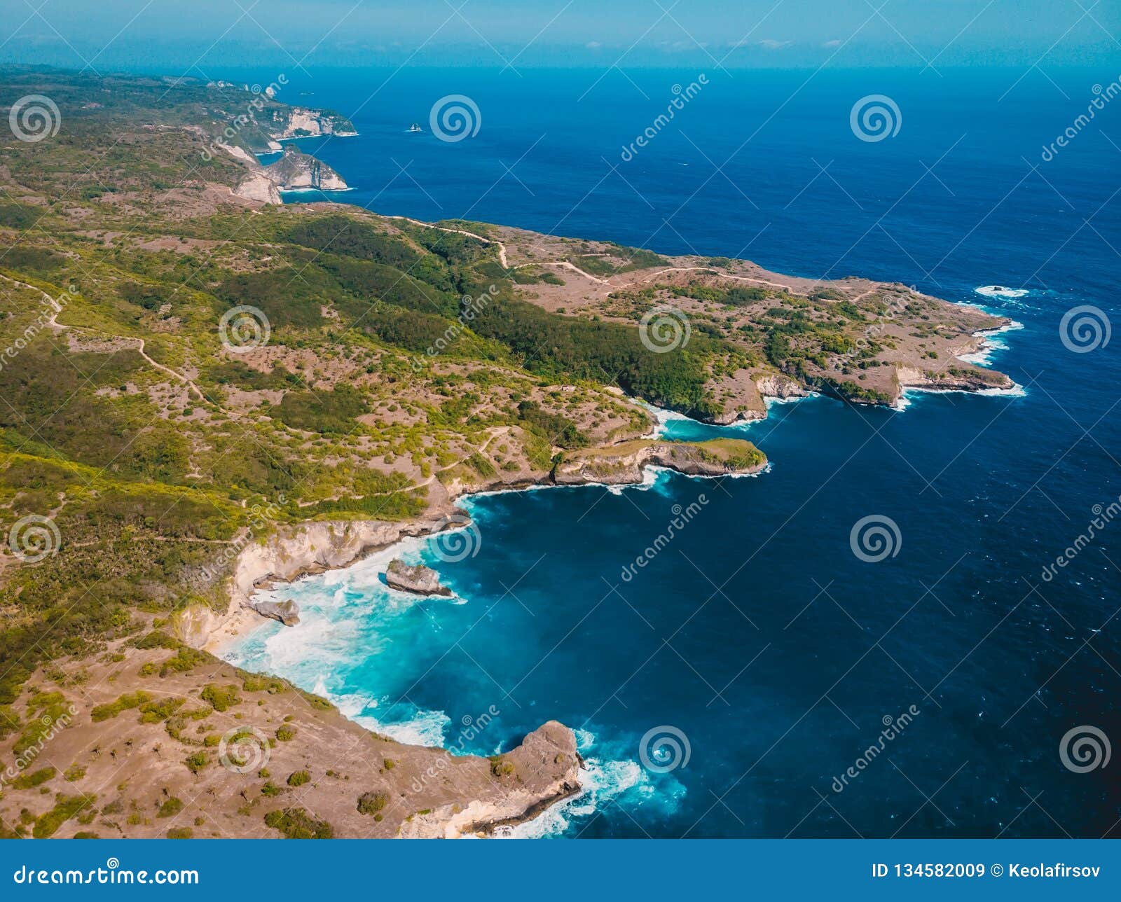 Coastline and Blue Ocean in Nusa Penida. Aerial Drone View of Tropical