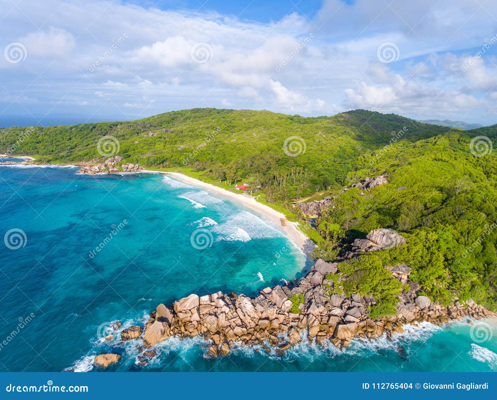 coastline of la digue island, seychelles aerial view