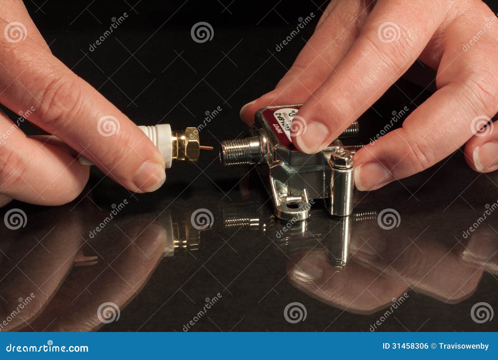 Coax Cable Connection To Coax Splitter by Hands Stock Photo Image of