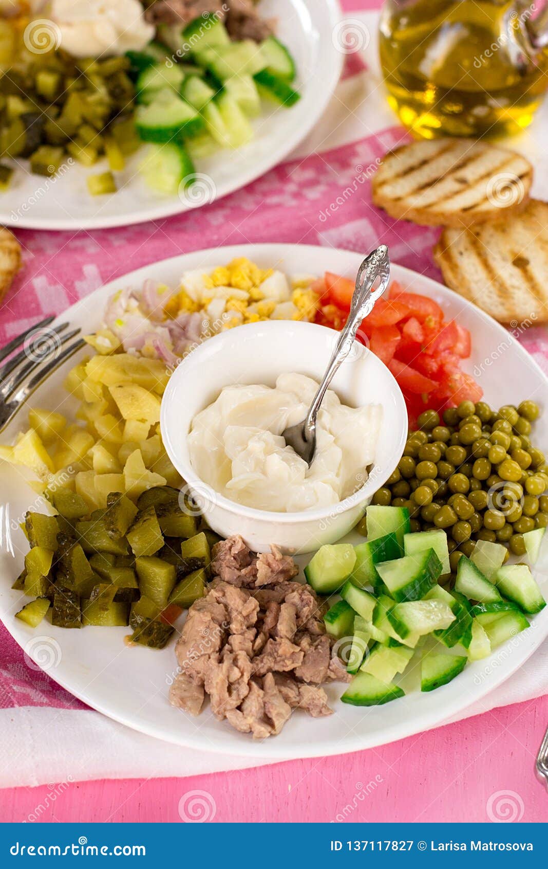 Cobb Style Salad with Diced Vegetables and Canned Cod Liver Stock Image