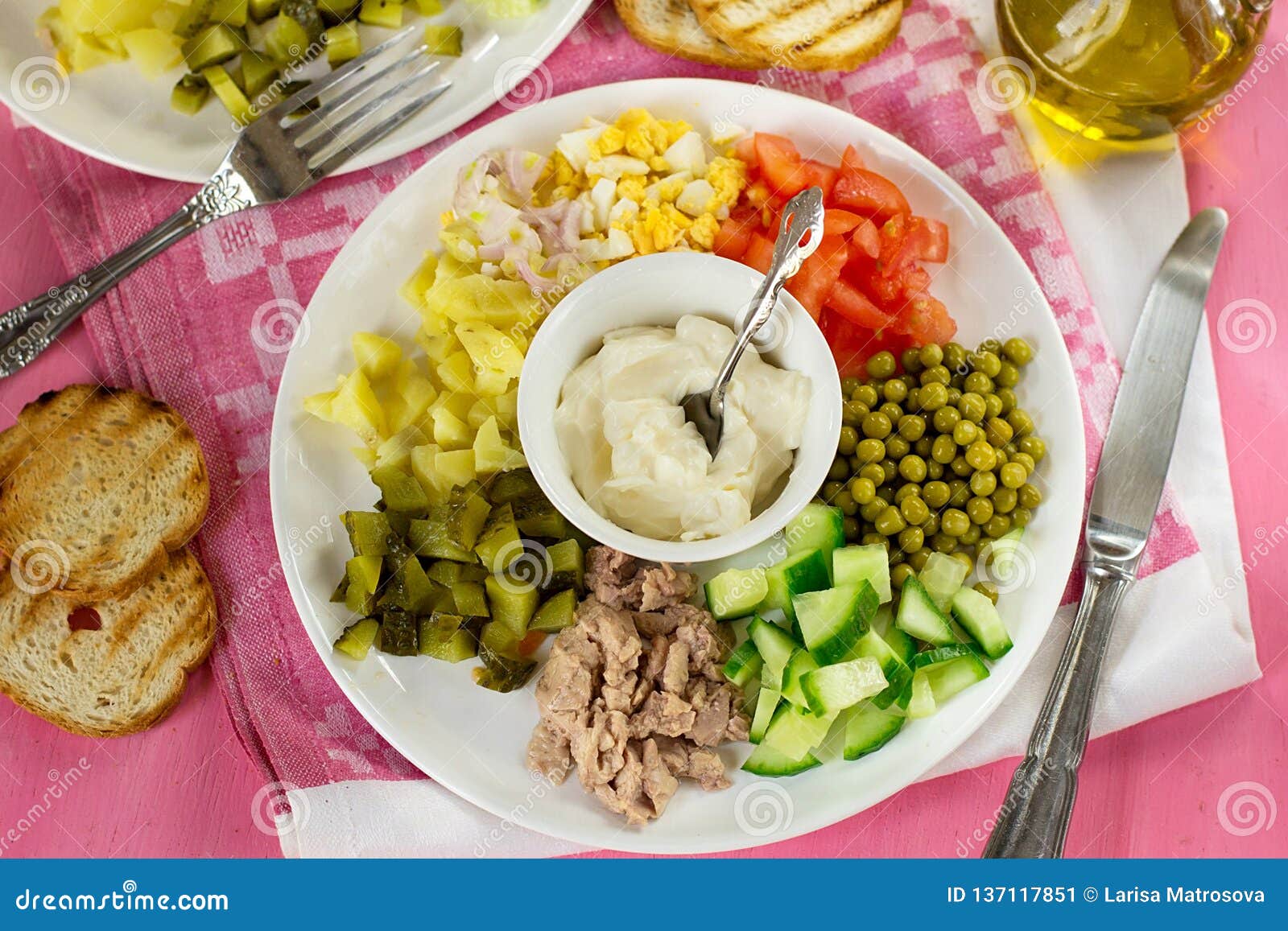 Cobb Style Salad with Diced Vegetables and Canned Cod Liver Stock Image