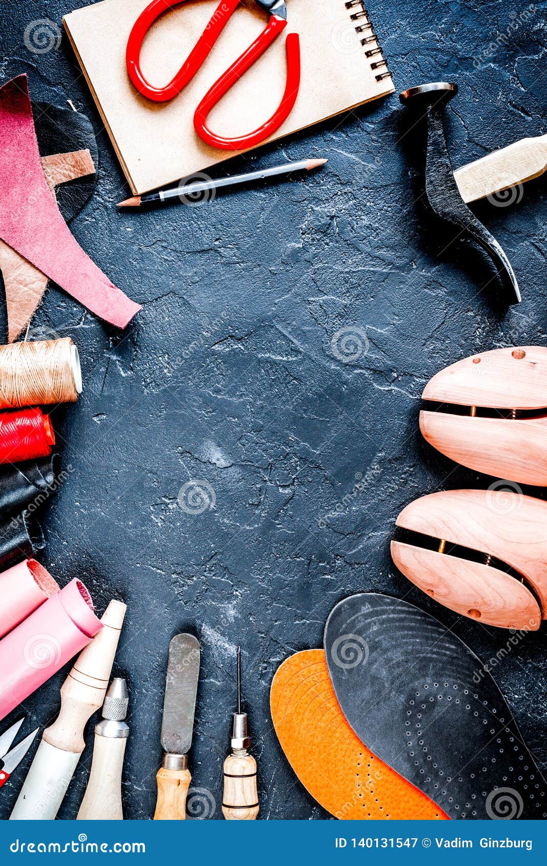 Download Cobbler Tools In Workshop Dark Background Top View Mock Up Stock Image - Image of repair, tool ...